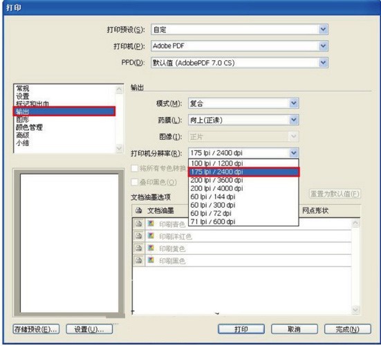 3.输出选项下"打印机分辨率"选择175loi/2400dpi.